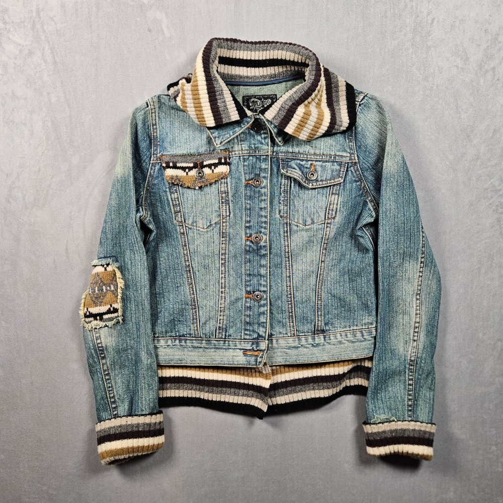 Miss Me Denim Jacket Womens Small Blue Southwestern Aztec Knit Trim Boho Y2K
